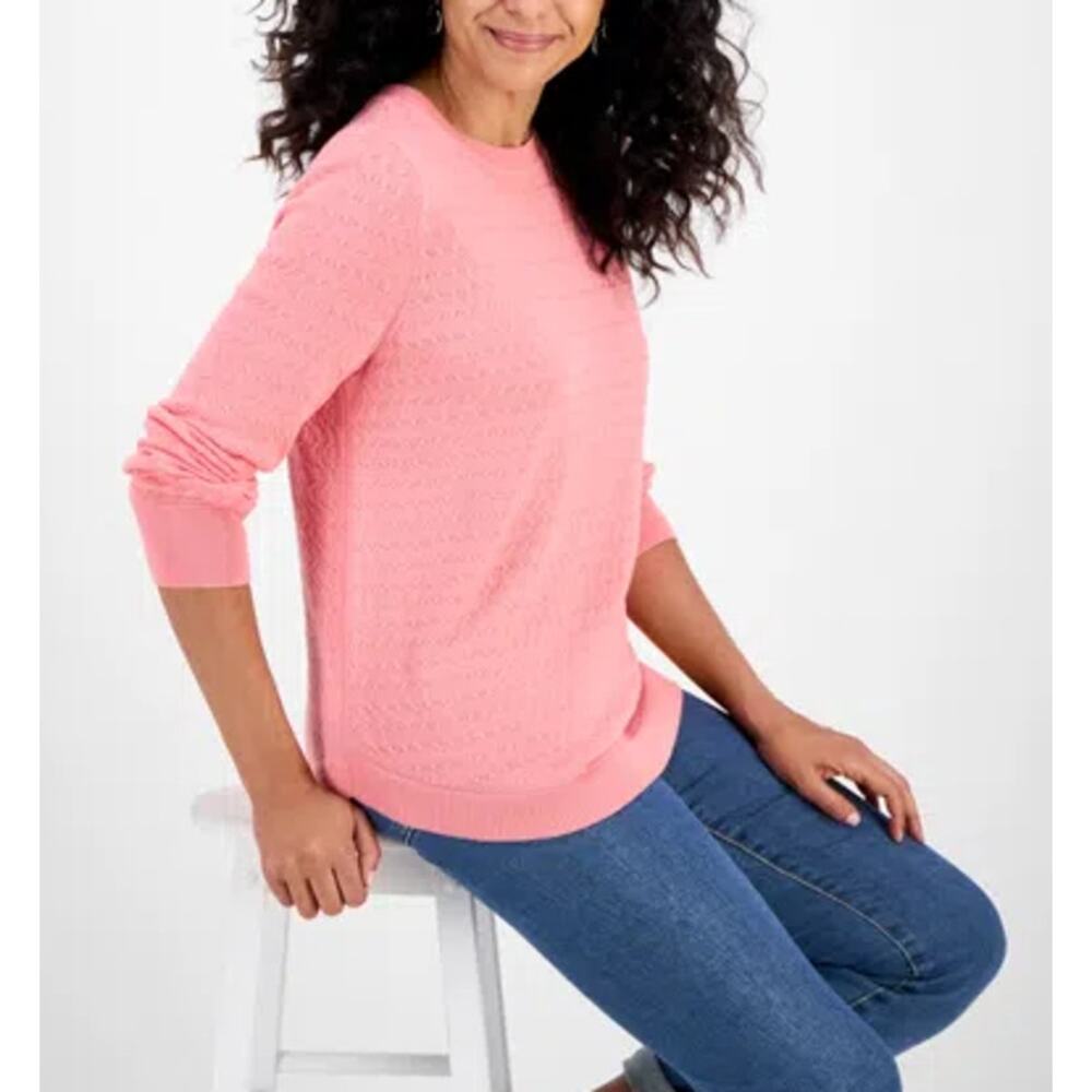Style & Co Women's Curved-Hem Cotton Pullover Sweater Pink S